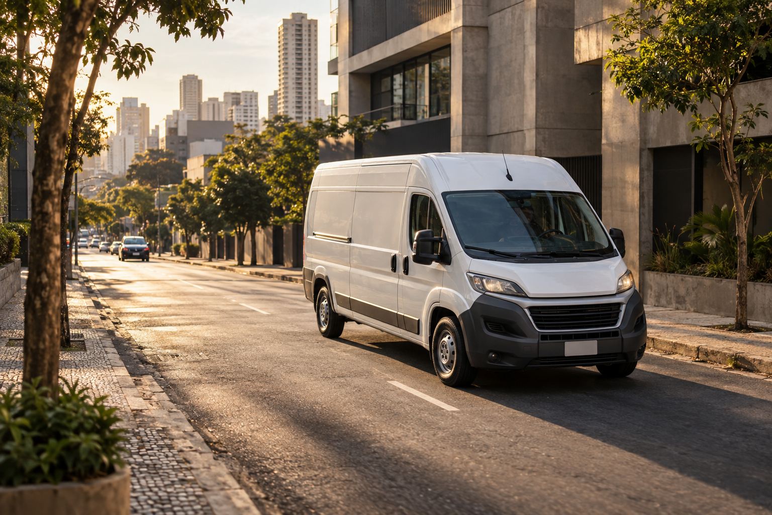 Van de entregas em uma rua urbana